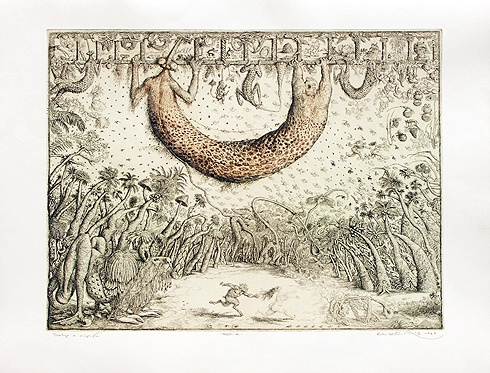 Peter KĽÚČIK, Ak. maliar - Satyr a Nymfa (1989), Technika: lept, Rozmery: 49x65 cm