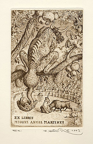 Peter KIK, Ak. maliar - Ex Libris Miguel Angel Martinez (1993), Technika: lept, Rozmery: 16x10cm