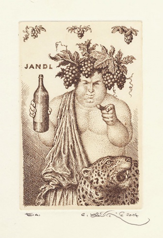 Peter KIK, Ak. maliar - Ex Libris Jandl (2014), Technika: lept, Rozmery: 15x9,5 cm