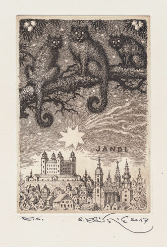 Peter KIK, Ak. maliar - Ex Libris - Jandl - Maky nad Bratislavou  (2017), Technika: Lept, Rozmery: 14,5x9,5