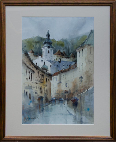 Peter GÖRCSÖS - Mesto po daždi (2022), Technika: akvarel, Rozmery: 34 x 49 cm
