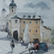 Autor: Peter GRCSS, Nzov diela: Pod Farskm (nemeckm) kostolom, Technika: Akvarel, Motv: krajina, architektra, Rozmery: 23 x 33 cm, Rok: 2023